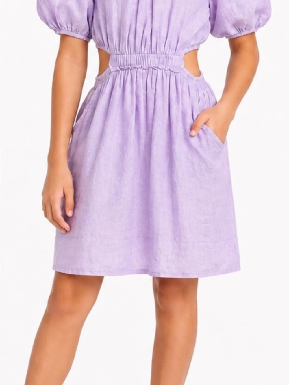 Zara Girls' Lilac Linen Puff-Sleeve Cut Out Dress 11/12